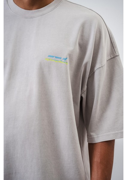 Erkek Series Of Minimalism Yazılı Yıkamalı Oversize T-Shirt Gri