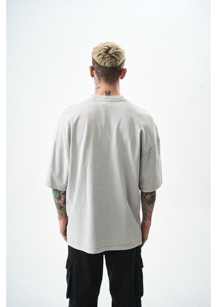 Erkek Etiket Detaylı Yıkamalı Oversize T-Shirt Gri modelleri