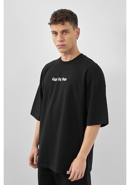 Erkek Guns For Peace Baskılı Oversize T-Shirt Siyah modelleri