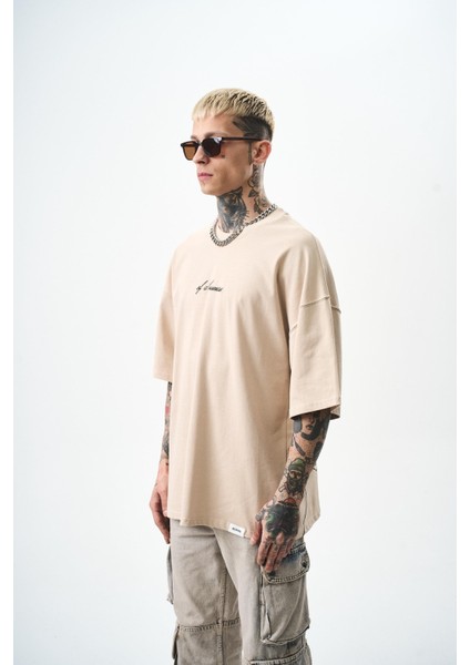 Erkek Human Nakışlı Oversize T-Shirt Bej