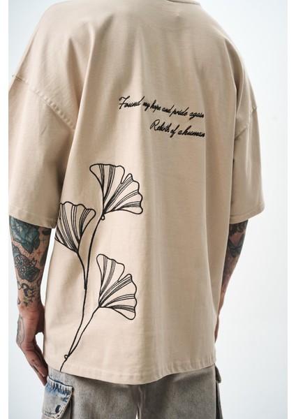 Erkek Human Nakışlı Oversize T-Shirt Bej