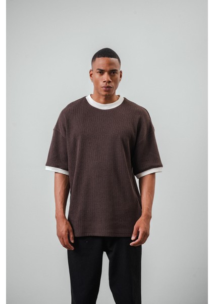 Erkek Lastik Kol Detaylı Oversize Triko T-Shirt Kahve