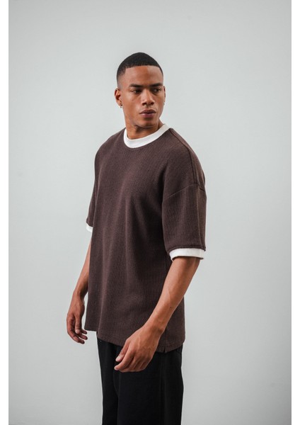 Erkek Lastik Kol Detaylı Oversize Triko T-Shirt Kahve