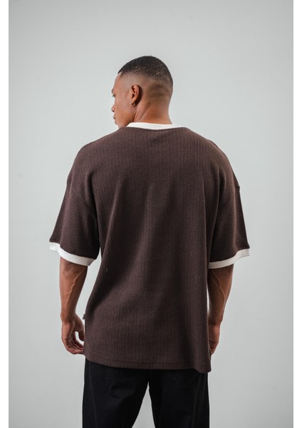 Erkek Lastik Kol Detaylı Oversize Triko T-Shirt Kahve