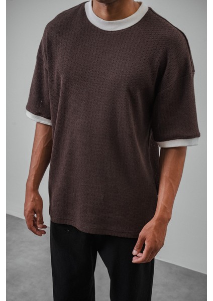 Erkek Lastik Kol Detaylı Oversize Triko T-Shirt Kahve