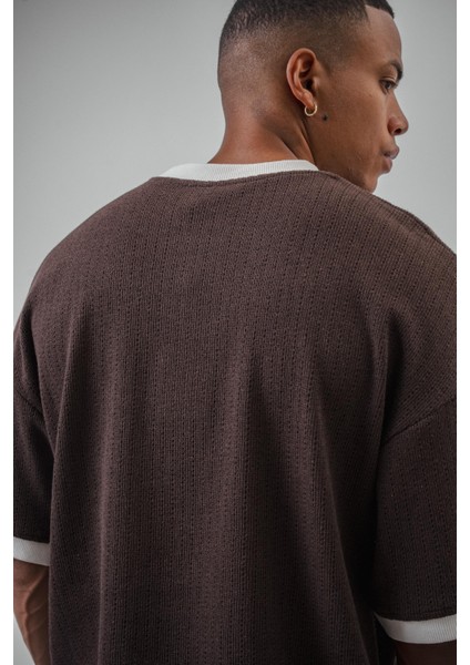 Erkek Lastik Kol Detaylı Oversize Triko T-Shirt Kahve