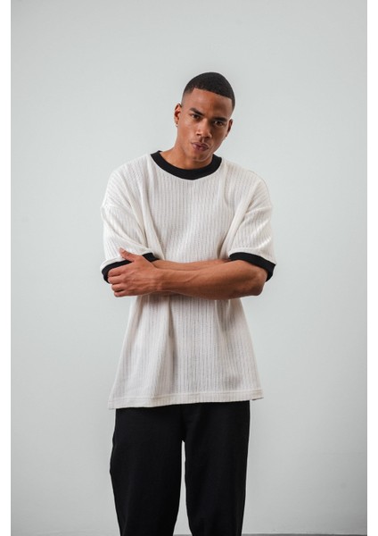 Erkek Lastik Kol Detaylı Oversize Triko T-Shirt Ekru