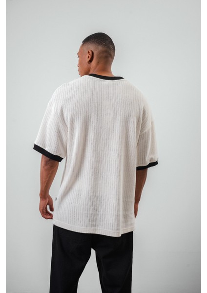 Erkek Lastik Kol Detaylı Oversize Triko T-Shirt Ekru modelleri