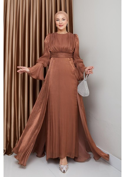 Pelerin Etekli Yoryo Ipek Tesettür Abiye Elbise Taba 1235