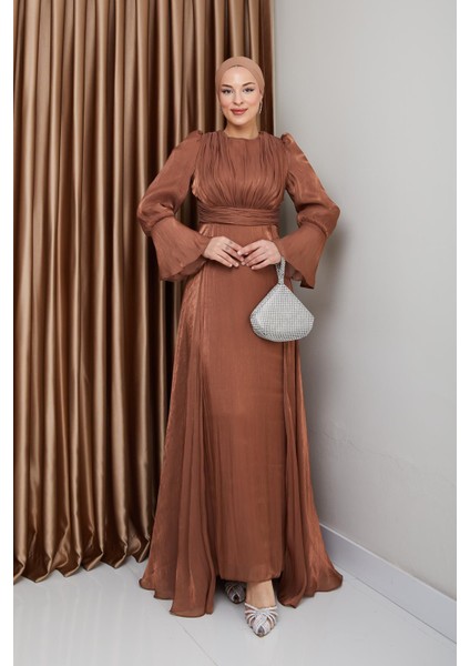 Pelerin Etekli Yoryo Ipek Tesettür Abiye Elbise Taba 1235 modelleri