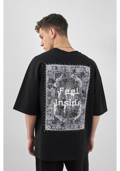 Erkek Rustic Baskılı Oversize T-Shirt Siyah
