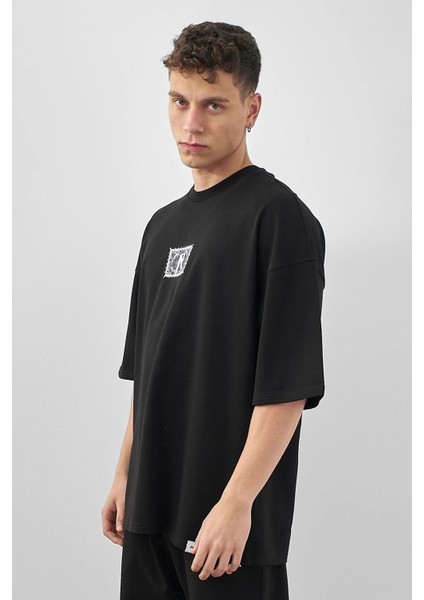 Erkek Rustic Baskılı Oversize T-Shirt Siyah modelleri
