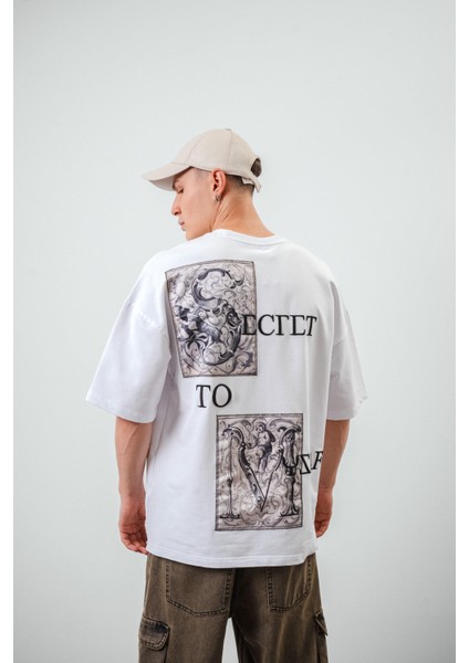 Erkek Secret To Myself Baskılı Oversize T-Shirt Beyaz
