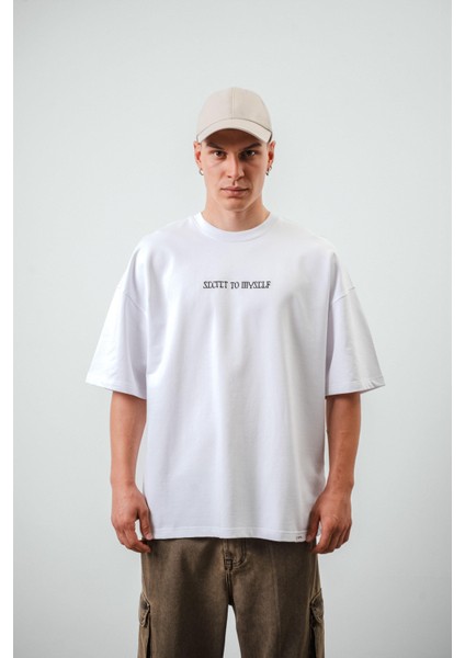 Erkek Secret To Myself Baskılı Oversize T-Shirt Beyaz