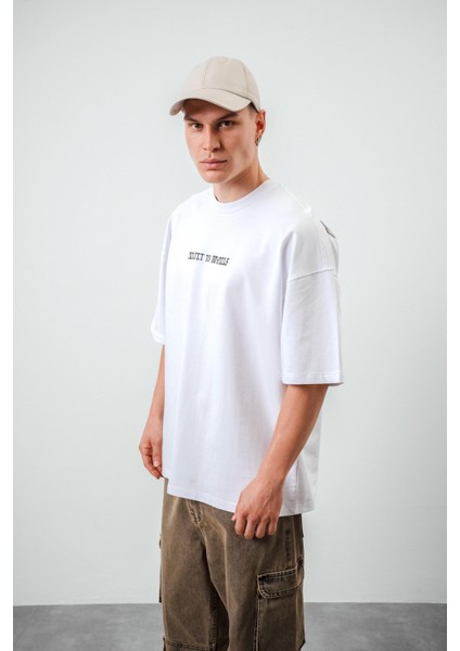 Erkek Secret To Myself Baskılı Oversize T-Shirt Beyaz