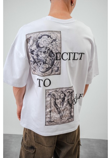 Erkek Secret To Myself Baskılı Oversize T-Shirt Beyaz