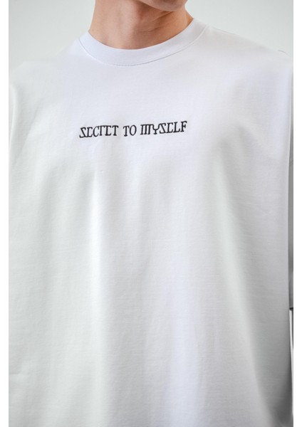 Erkek Secret To Myself Baskılı Oversize T-Shirt Beyaz