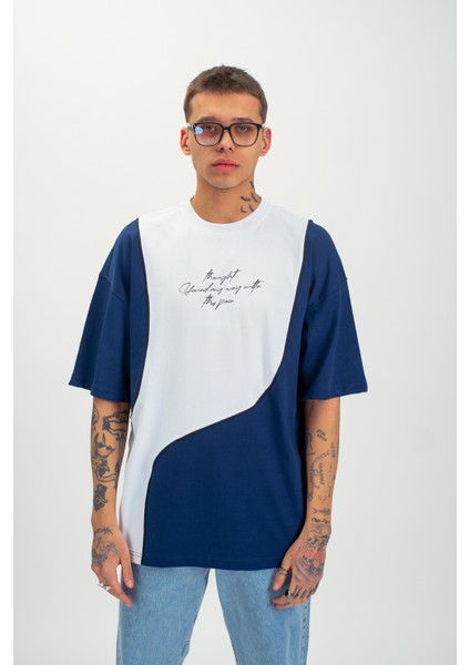 Erkek Şerit Detaylı Yazılı Oversize T-Shirt Indigo