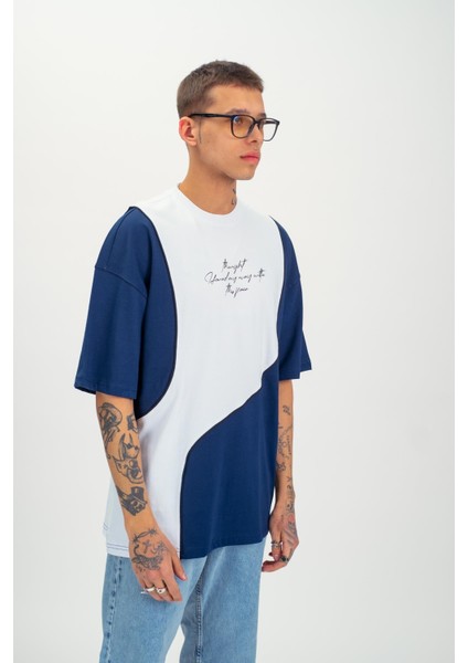 Erkek Şerit Detaylı Yazılı Oversize T-Shirt Indigo