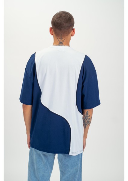 Erkek Şerit Detaylı Yazılı Oversize T-Shirt Indigo