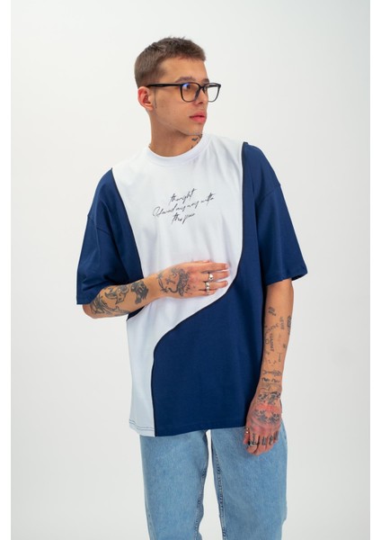 Erkek Şerit Detaylı Yazılı Oversize T-Shirt Indigo
