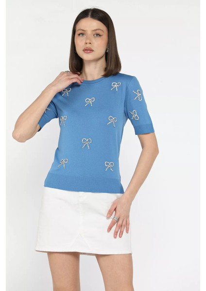 Taş Detaylı Bisiklet Yaka Kadın Kısa Kol Bluz P-00015134