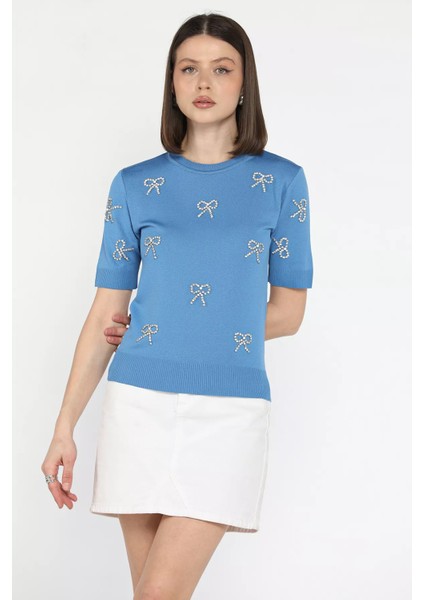 Taş Detaylı Bisiklet Yaka Kadın Kısa Kol Bluz P-00015134 fiyatları