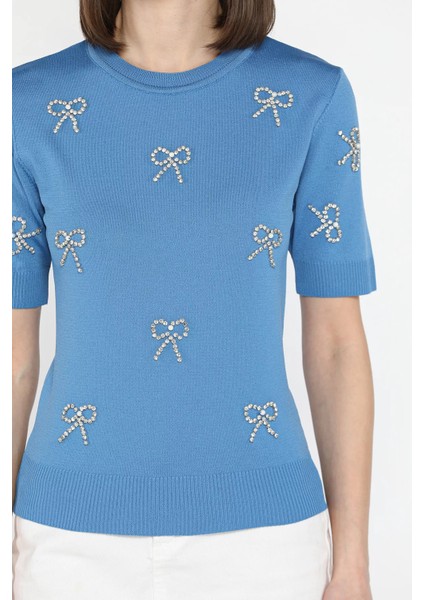 Taş Detaylı Bisiklet Yaka Kadın Kısa Kol Bluz P-00015134 modelleri