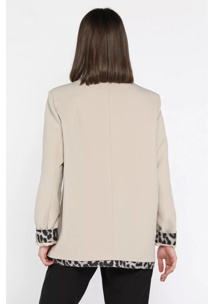 Kadın Astarlı Leopar Detaylı Oversize Blazer Ceket P-00012878