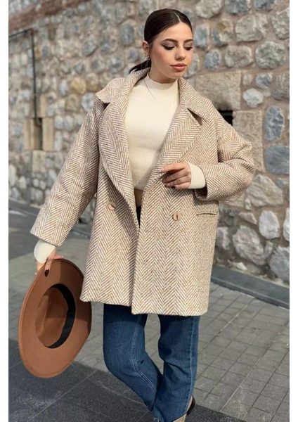Kadın Astarlı Balıksırtı Oversize Kaşe Kaban P-00012874