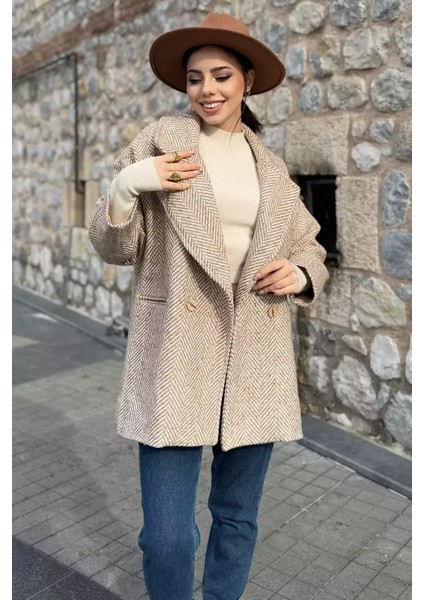 Kadın Astarlı Balıksırtı Oversize Kaşe Kaban P-00012874