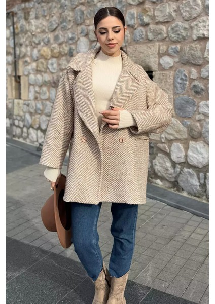 Kadın Astarlı Balıksırtı Oversize Kaşe Kaban P-00012874