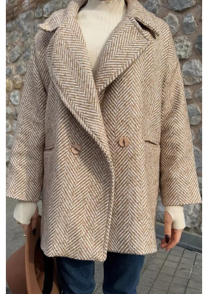 Kadın Astarlı Balıksırtı Oversize Kaşe Kaban P-00012874