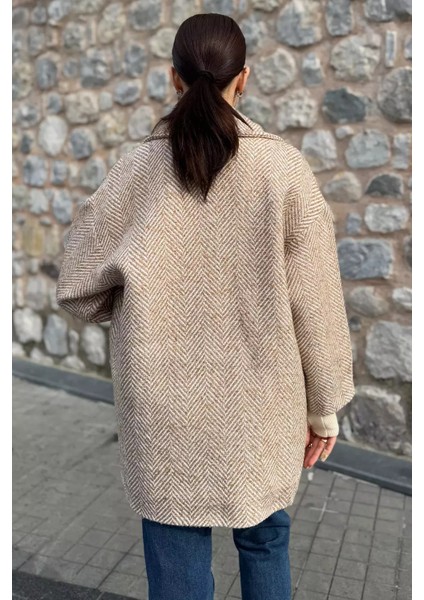 Kadın Astarlı Balıksırtı Oversize Kaşe Kaban P-00012874