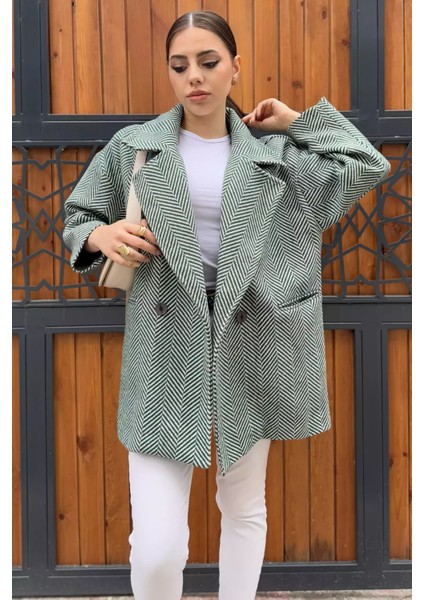 Kadın Astarlı Balıksırtı Oversize Kaşe Kaban P-00012874