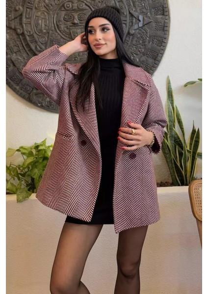 Kadın Astarlı Balıksırtı Oversize Kaşe Kaban P-00012874
