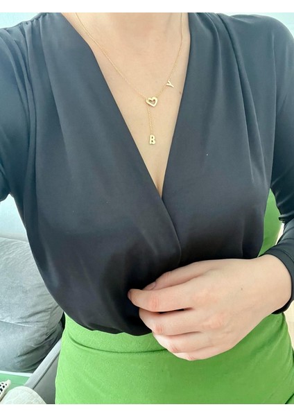 Parlak Siyah Uzun Kollu V Yaka Zıbın Bluz Body