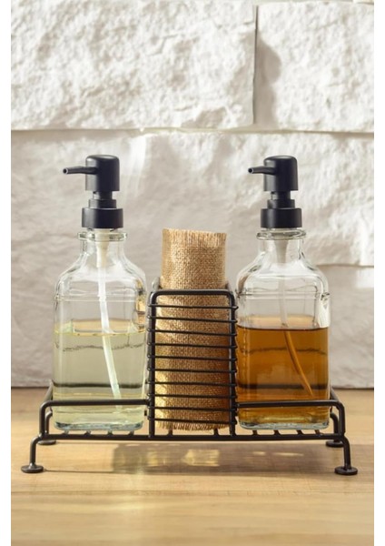 2 Li Metal Standlı Cam Sıvı Sabun ve Losyon Şişesi Sabunluk 500 ml Siyah - D/1 C1-1-289