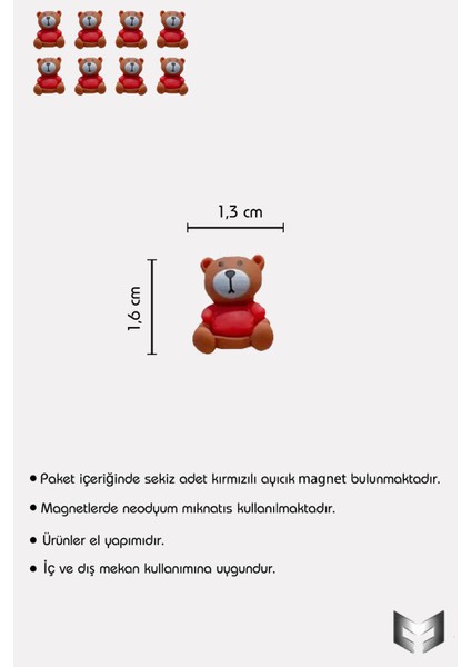 8'li Dekoratif Kırmızı Ayıcık Desenli Mıknatıs-Magnet Buz Dolabı & Metal Pano