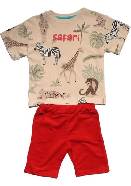 Erkek Çocuk Bej Kırmızı Safari Hayvan Desenli Şortlu 2'li Takım - 1013586