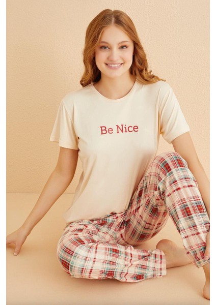 Kadın Kısa Kol Krem Pijama Takımı 50107-706