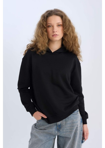 Loose Fit Kapüşonlu Basic Düz Kalın Sweatshirt E3862AX24WN