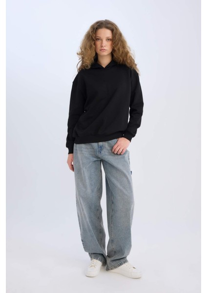 Loose Fit Kapüşonlu Basic Düz Kalın Sweatshirt E3862AX24WN fiyatları