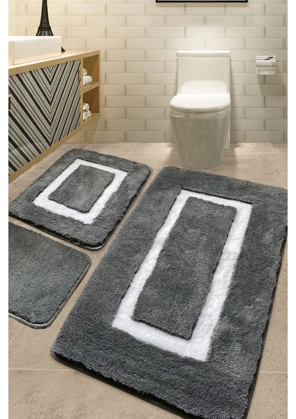 Quadrato Frame Antrasit 3'lü Set Banyo Halısı Akrilik