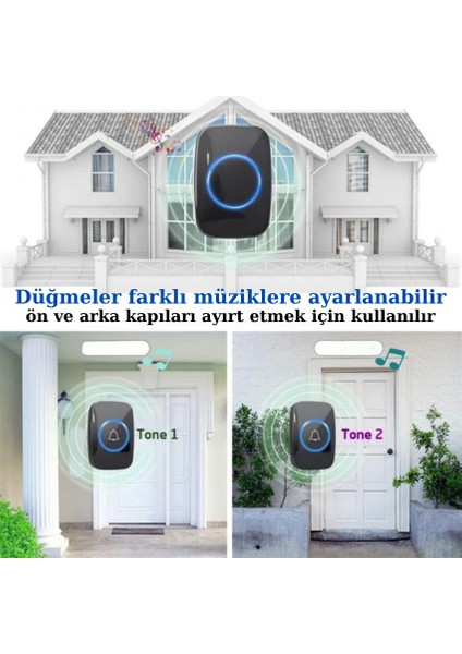 2 Buton 1 Alıcı Kablosuz LED Işıklı Kapı Zili 300M Menzil 60 Melodi 5 Ses Seviyesi modelleri
