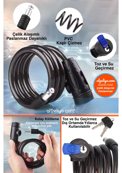 Çelik Alaşımlı Anahtarlı Bisiklet ve Scooter Kilidi Pvc Kaplı Dış Ortamda Kullanılır