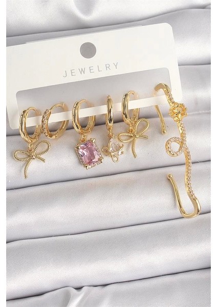 Pirinç Gold Renk Sallantı Kurdele Model Pembe Kare Zirkon Taşlı Kadın Küpe Seti