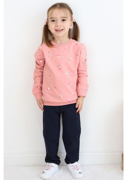 Kız Çocuk Eşofman Takım Çiçek Desenli Yazı Baskıklı 1-4 Yaş, Gülkurusu