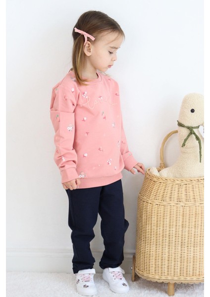 Kız Çocuk Eşofman Takım Çiçek Desenli Yazı Baskıklı 1-4 Yaş, Gülkurusu modelleri