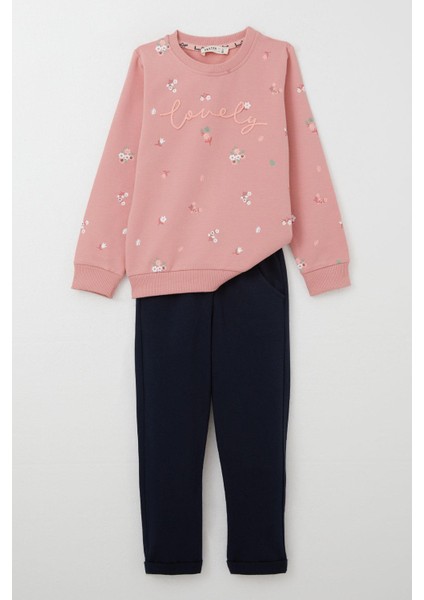 Kız Çocuk Eşofman Takım Çiçek Desenli Yazı Baskıklı 1-4 Yaş, Gülkurusu indirimleri